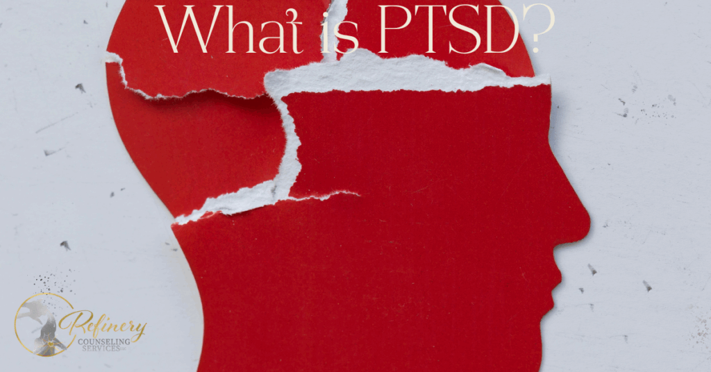 a picture of a silhouette of a head that has been torn with the words what is PTSD overlayed