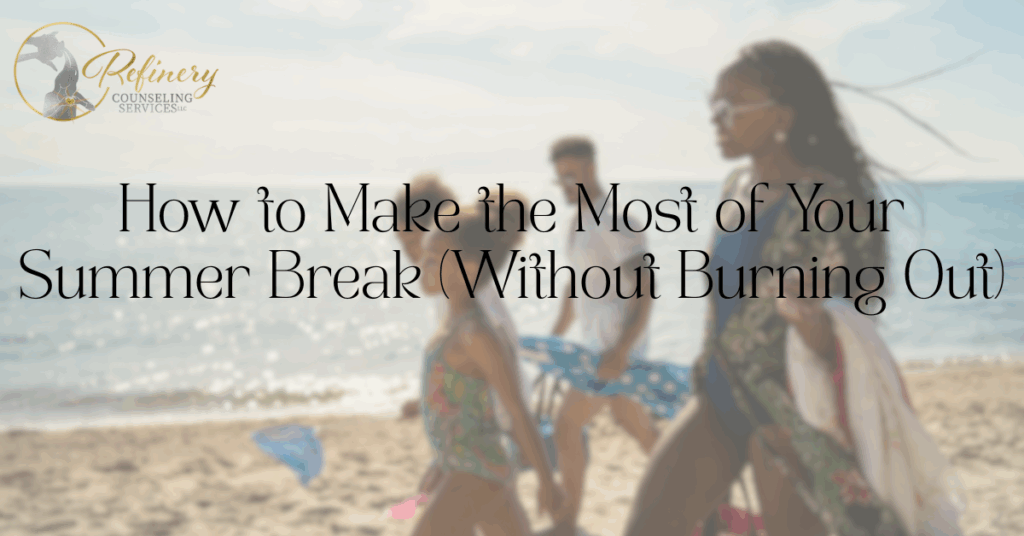 A peaceful outdoor summer moment showing a family enjoying a day at the beach, symbolizing a balanced and joyful break.