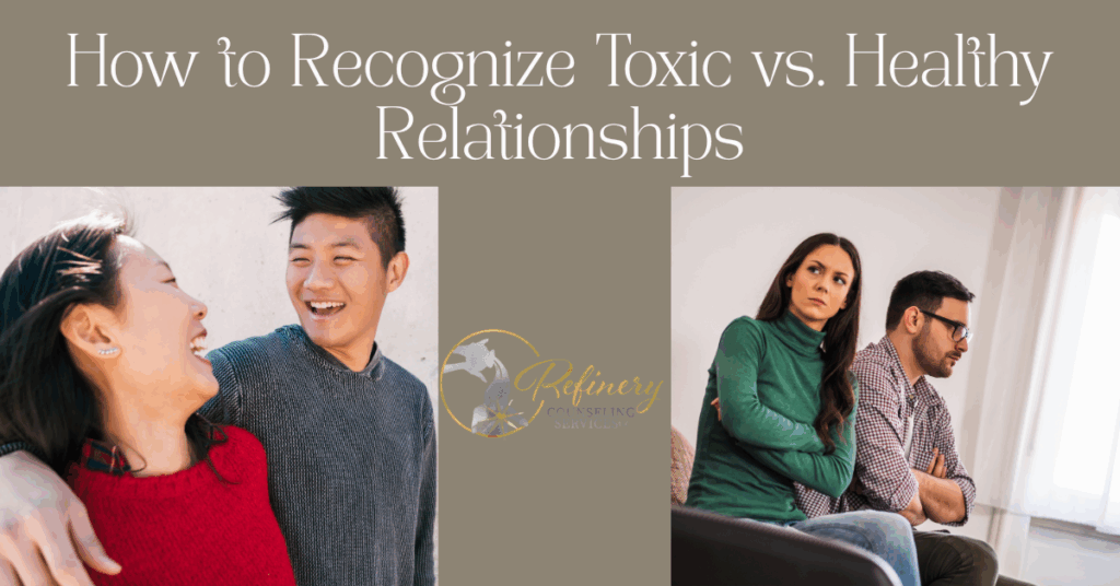 contract between a couple happily laughing together and a couple barely speaking to each other.