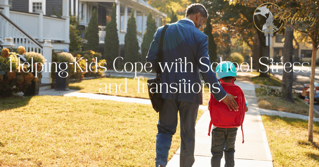 A parent and child walking on a sunny day to school