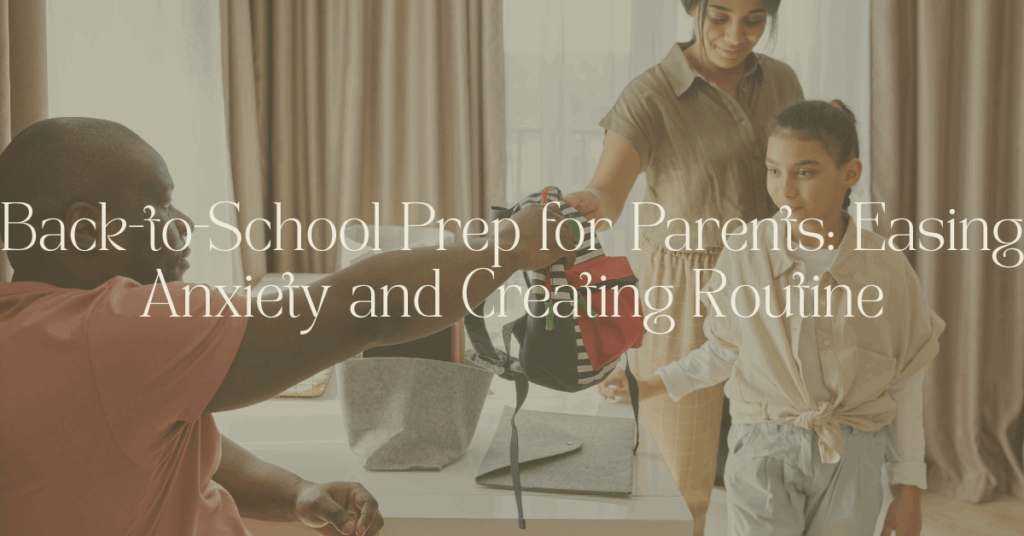 Parents helping a child prepare for school by gathering backpack and other school items.