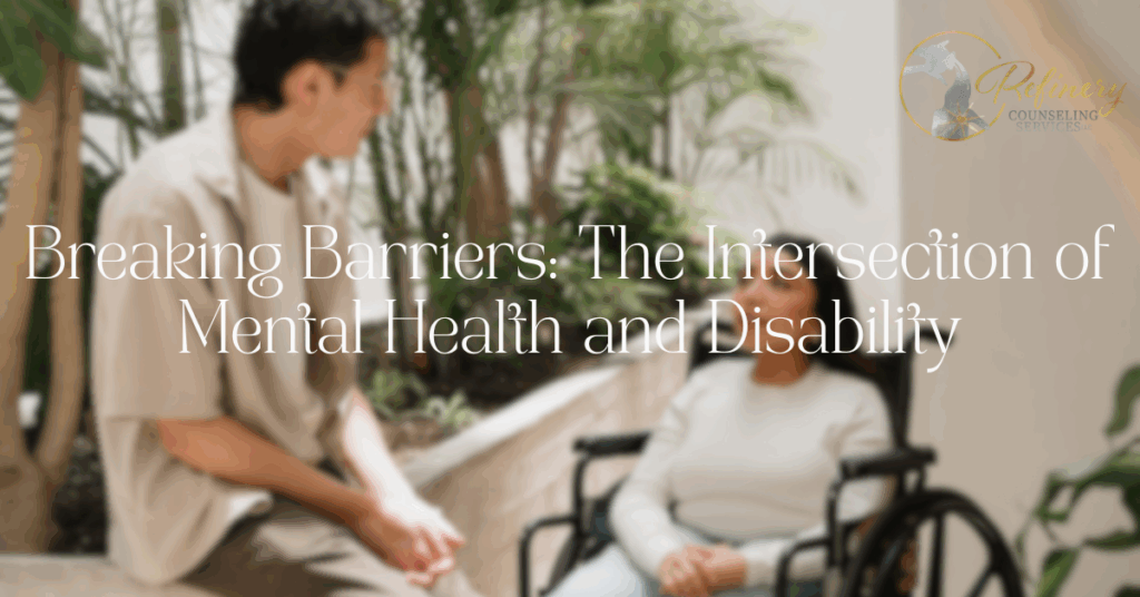 Two people talking together, one in a wheelchair and the other sitting nearby, sharing a moment of understanding and connection in a lush indoor garden space