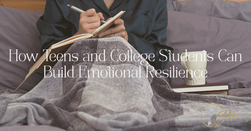 a young person sitting in bed journaling, representing self-reflection and emotional growth