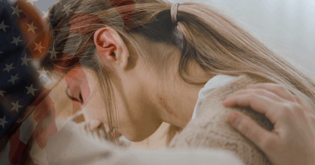 woman being comforted with american flag overlay