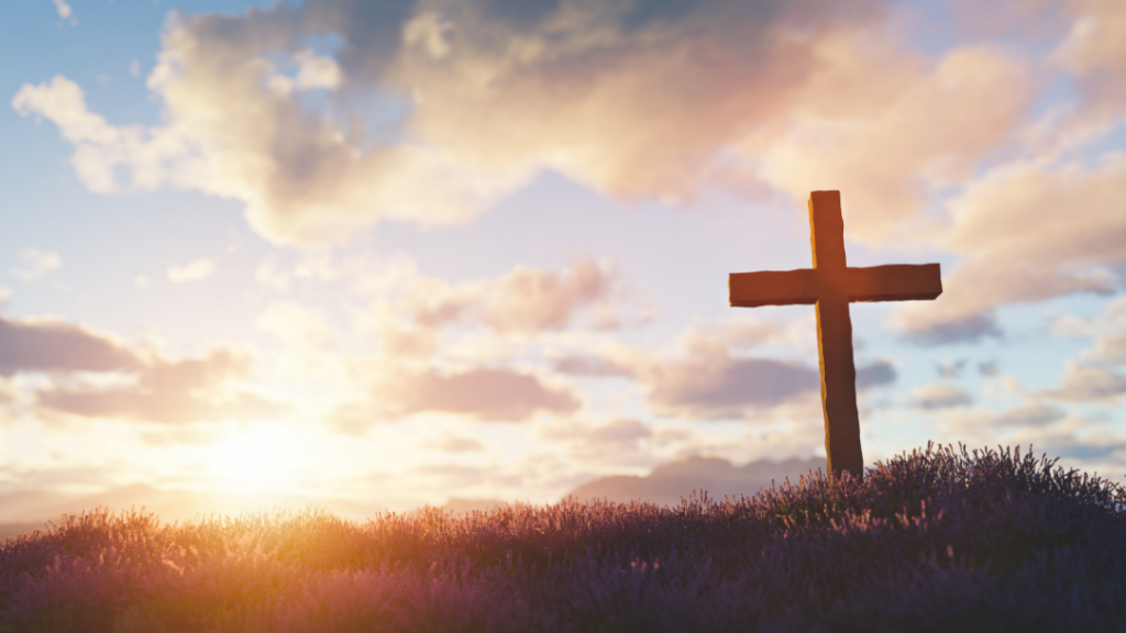 What Healing from PTSD Can Teach Us About Resilience - Wooden cross stands on a lavender-covered hill at sunset with a warm, glowing sky behind it.