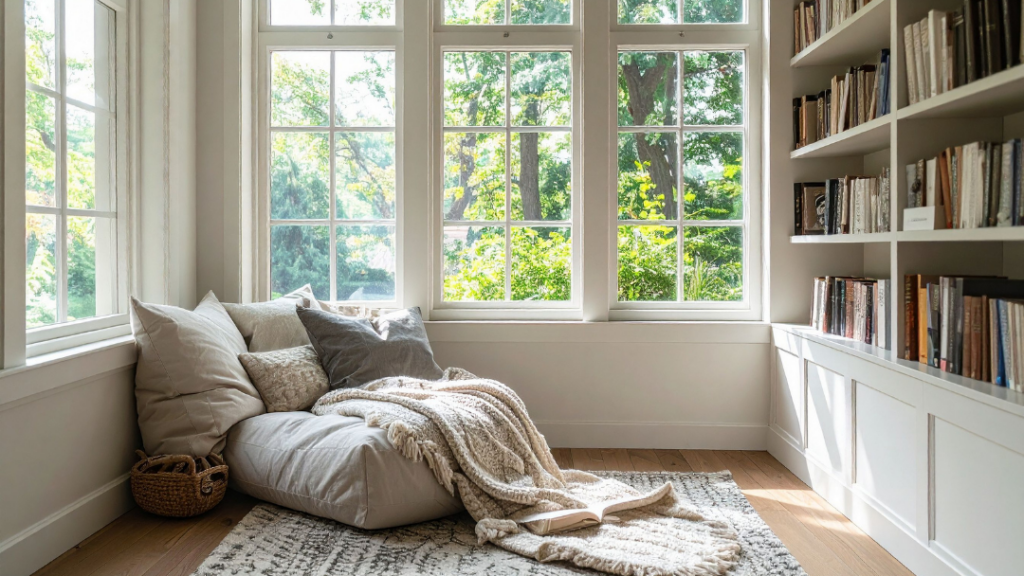 Cozy window nook with beige cushions and a knitted throw, beside a tall bookshelf filled with books.