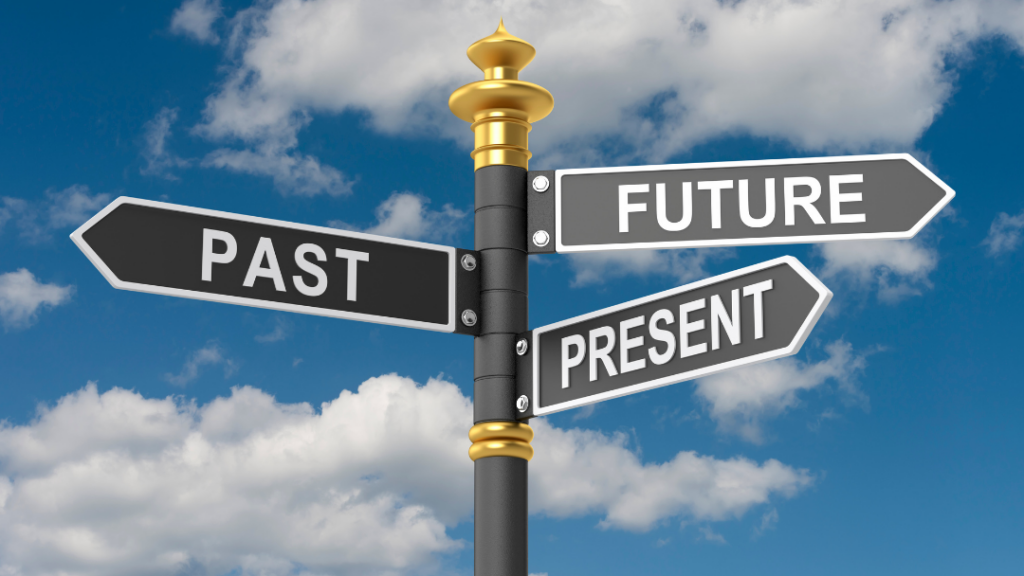 Moving Forward While Still Healing From the Past Signpost with three arrows labeled Past Present and Future against a blue sky